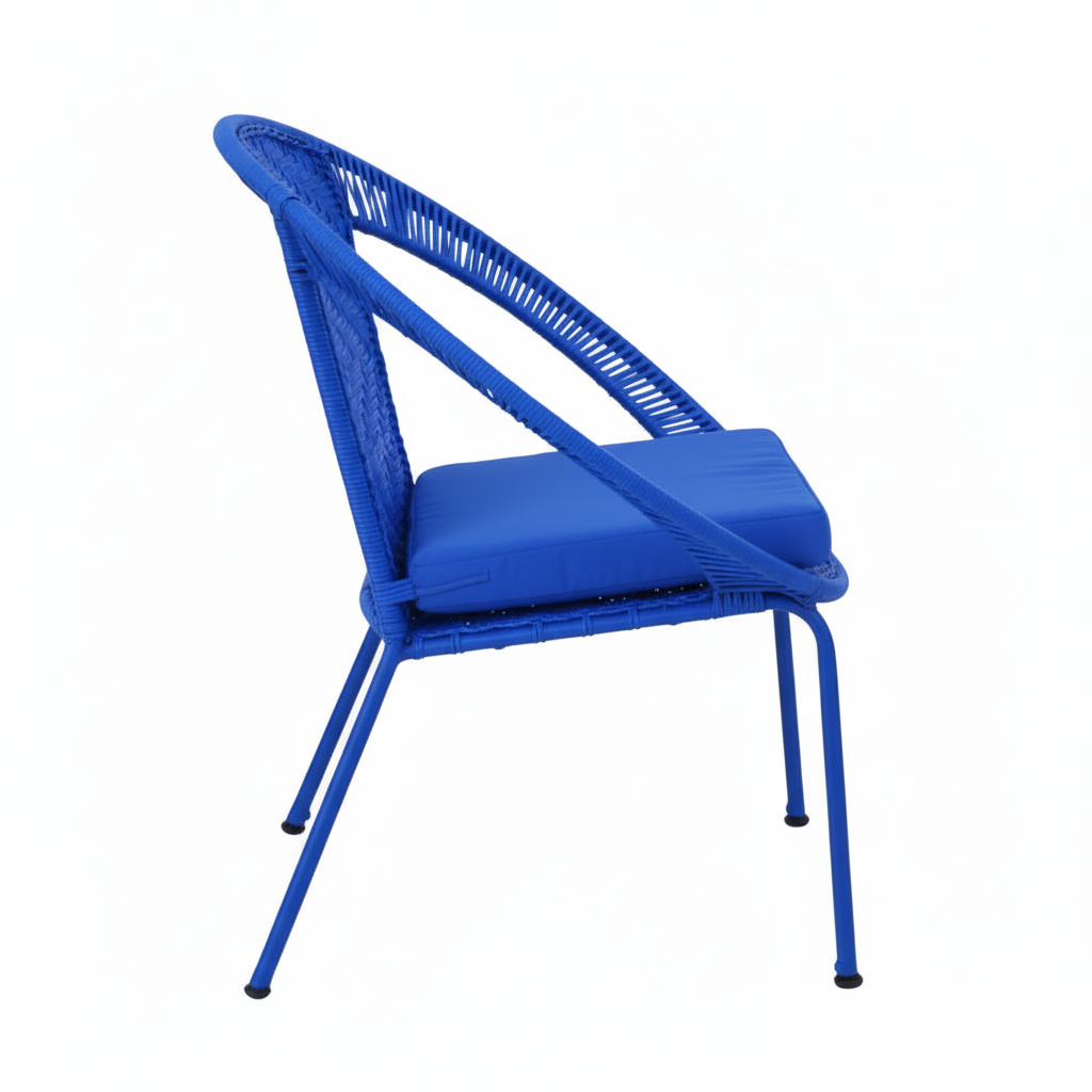 Blue chair with woven backrest on a white background