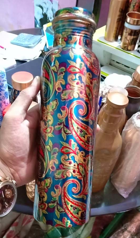 Blue Printed Copper Water Bottle – Ayurvedic Wellness & Stylish Hydration