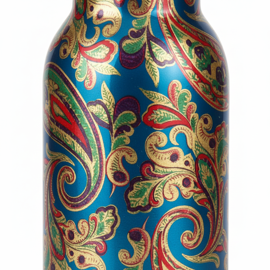 Decorative bottle with colorful paisley pattern on a white background