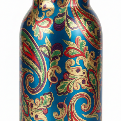 Decorative bottle with colorful paisley pattern on a white background
