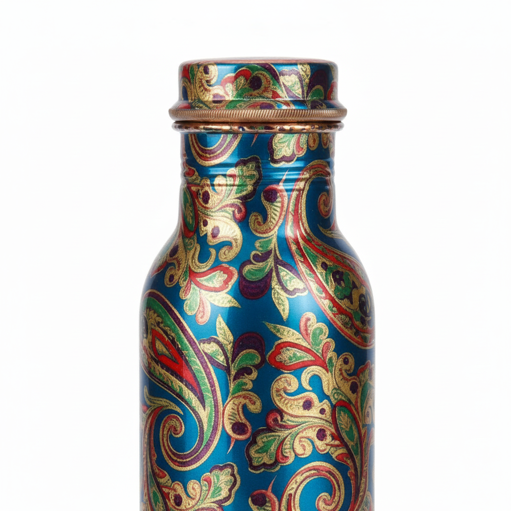 Decorative bottle with colorful paisley pattern on a white background