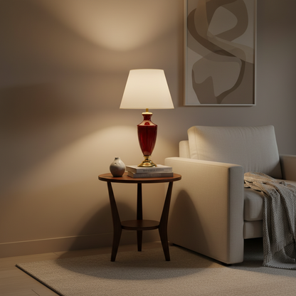Cozy living room corner with a lamp on a side table and a couch in the background.