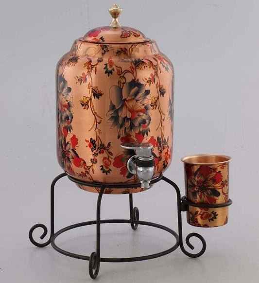 Hammered Copper Water Dispenser (Matka/Pot) – 5 Litre with 1 Copper Glass & Stand