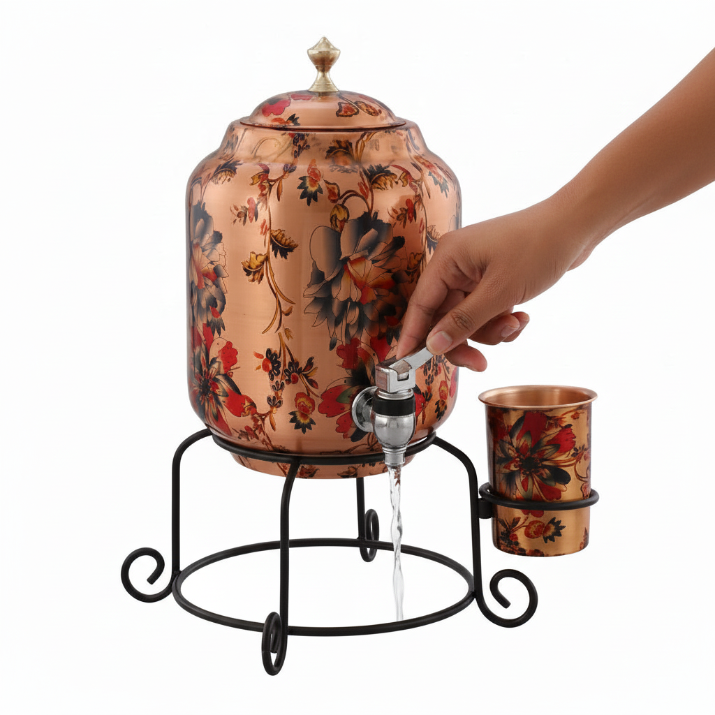 Hammered Flower Printed Copper Water Dispenser 5 Litre with Stand & 1 Glass