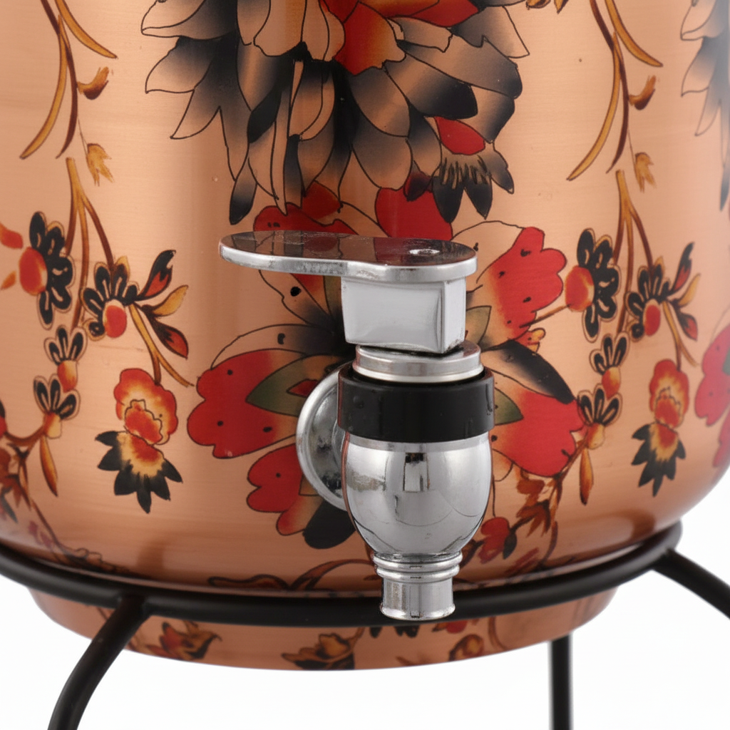 Hammered Flower Printed Copper Water Dispenser 5 Litre with Stand & 1 Glass