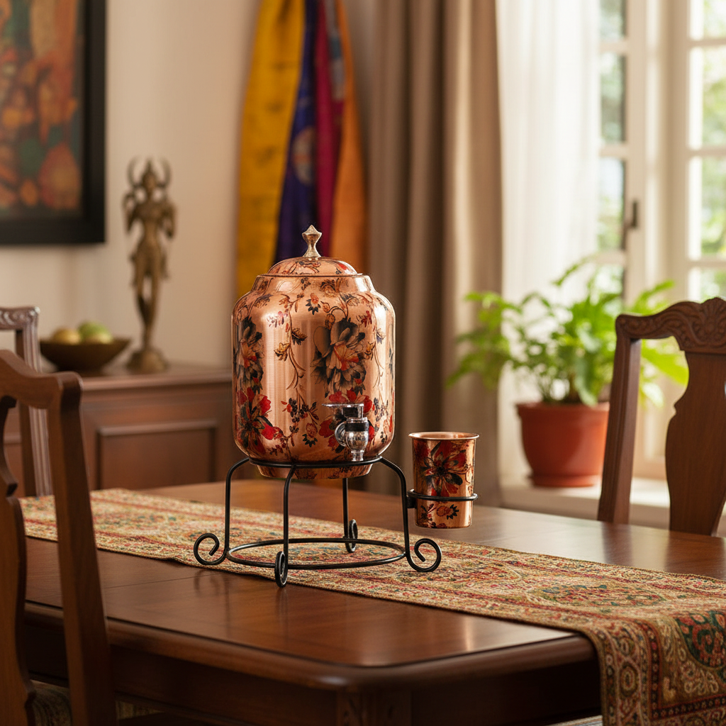 Hammered Flower Printed Copper Water Dispenser 5 Litre with Stand & 1 Glass