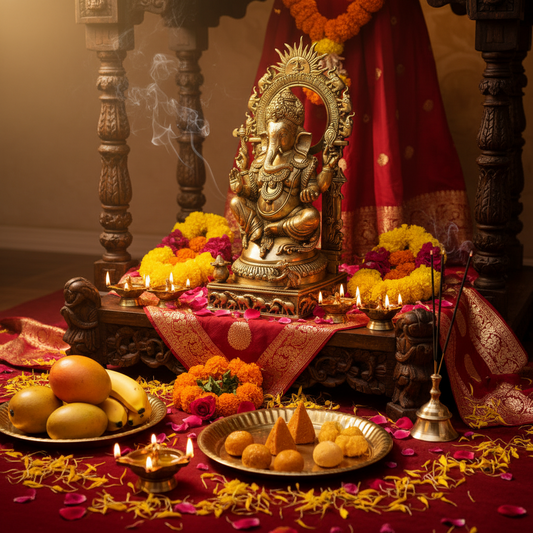 Decorative setup with a statue of a deity, flowers, and candles on a red cloth.