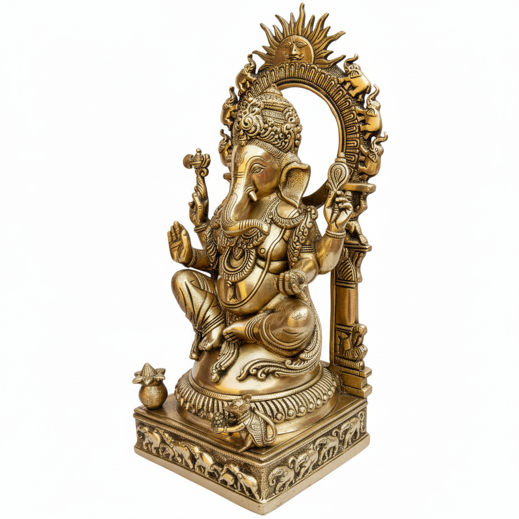 Decorative statue of a deity with intricate details on a white background