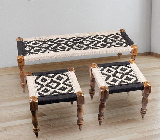 Handcrafted Wooden Rope Bench Set with 2 Stools – Black & White