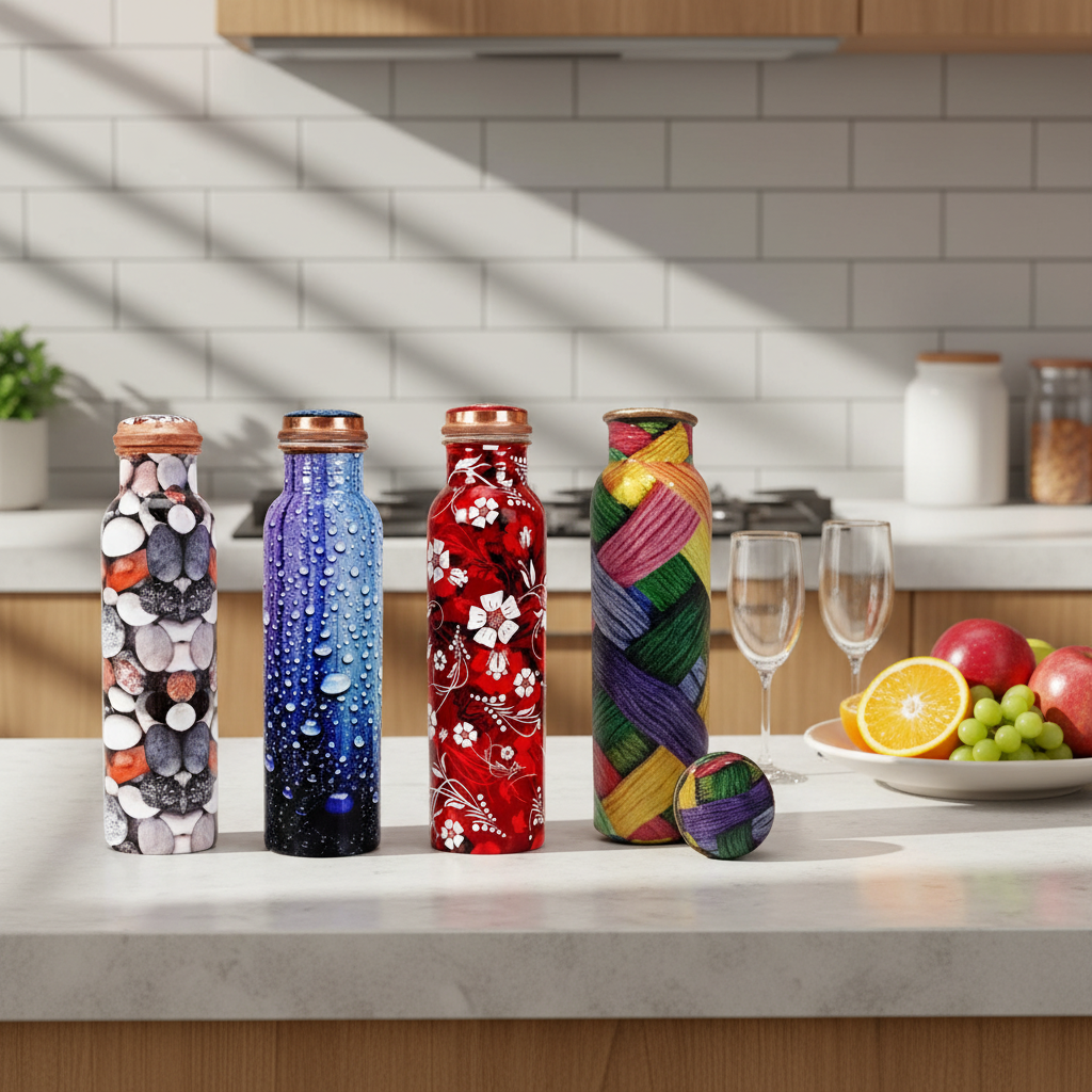 Printed Multicolour Copper Water Bottle Combo Pack of 4