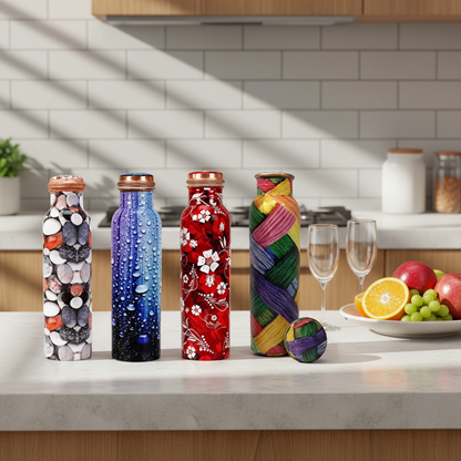 Printed Multicolour Copper Water Bottle Combo Pack of 4