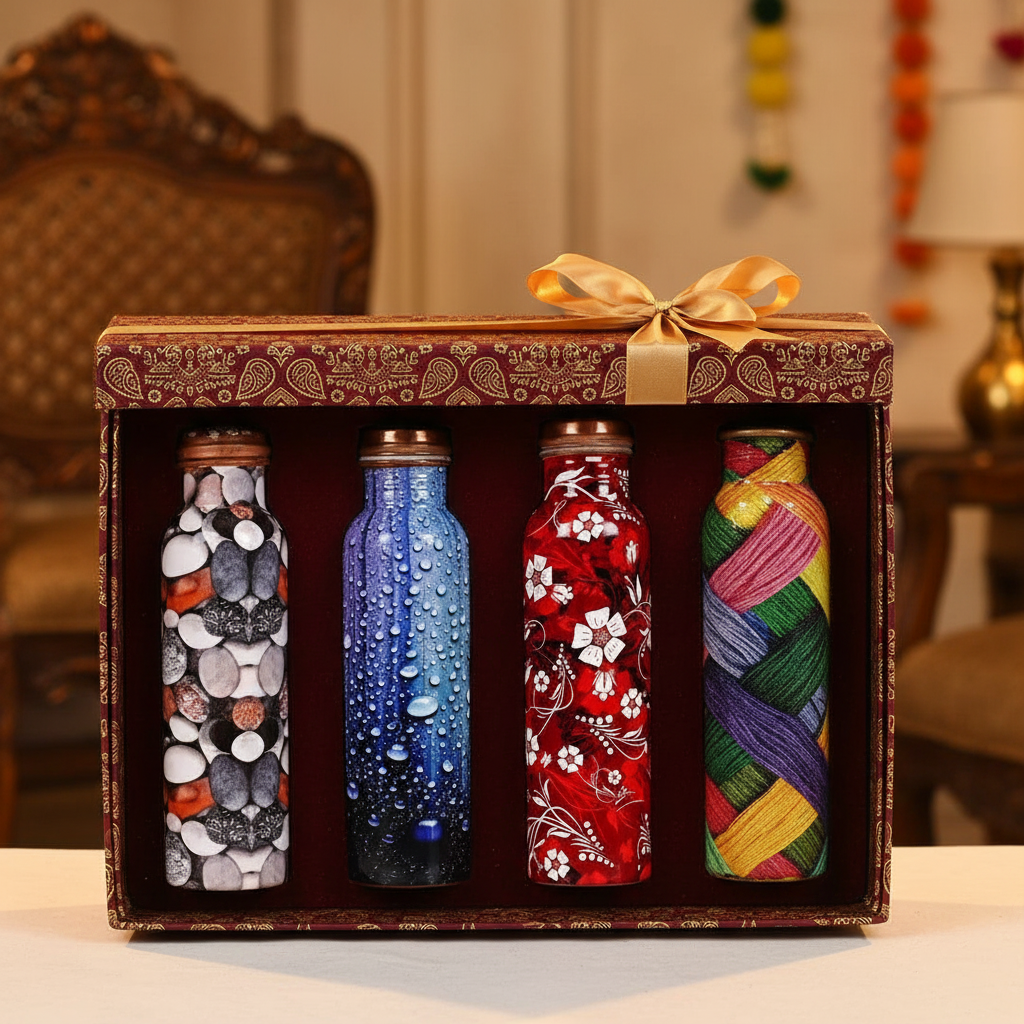 Printed Multicolour Copper Water Bottle Combo Pack of 4