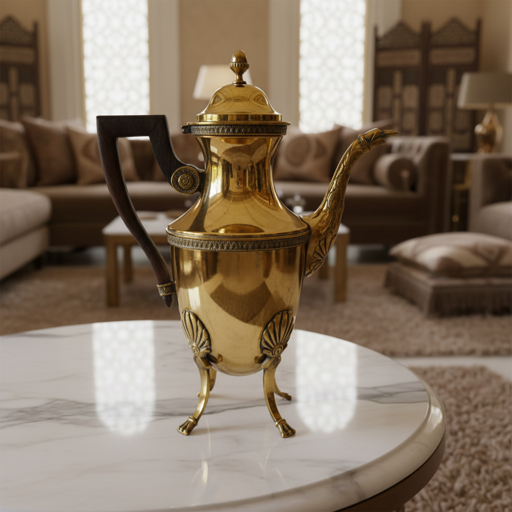 Gold teapot on a marble table in a living room setting