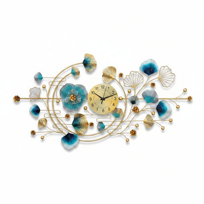 Double Moon Ginkgo Ring Metal Wall Clock Modern Floral Design - Brass Decors