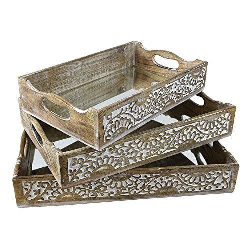 Wooden Carved Tray Set of 3 – White Distress Finish