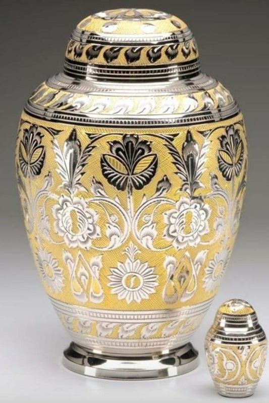 Yellow & Golden Printed Cremation Urn for Adult Ashes