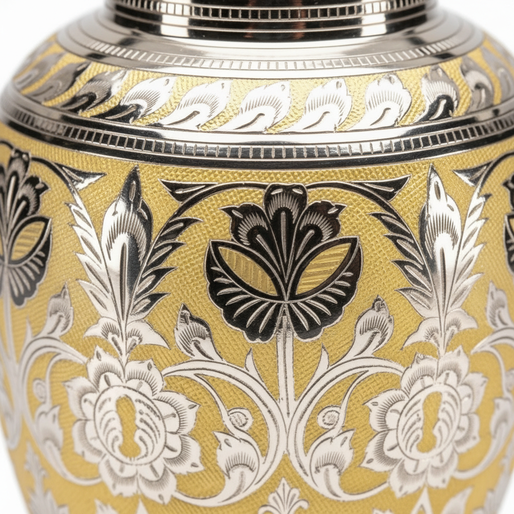Decorative jar with intricate black and white floral patterns on a yellow background