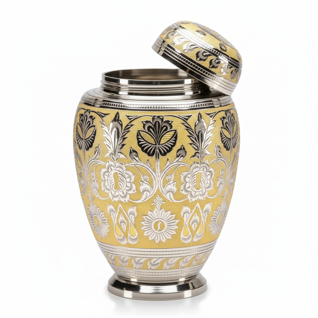 Decorative urn with intricate yellow and black patterns on a white background