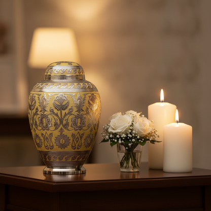 Decorative urn, candles, and flowers on a table with a blurred background
