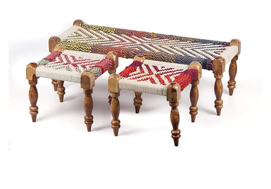 Handcrafted Wooden Rope Bench Set with 2 Stools – Multi-Colour