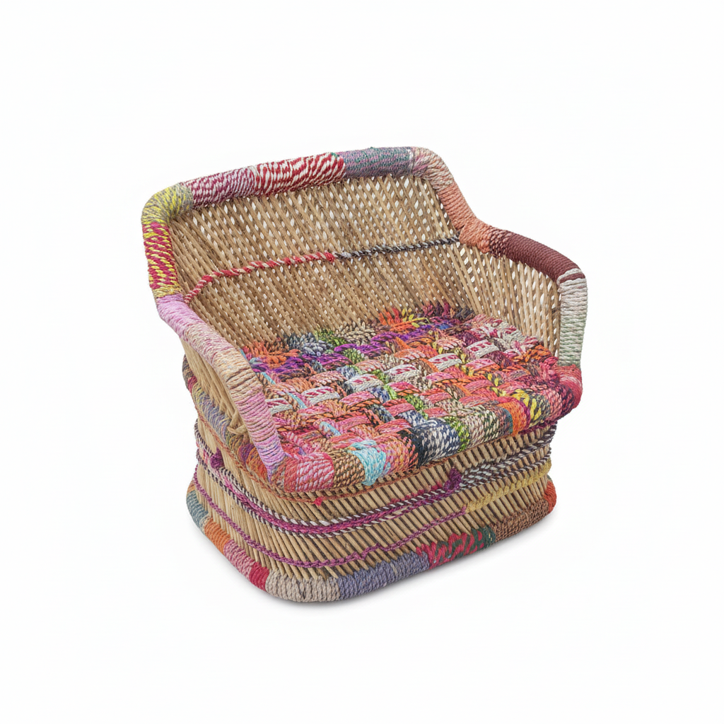 Woven chair with colorful pattern on a white background