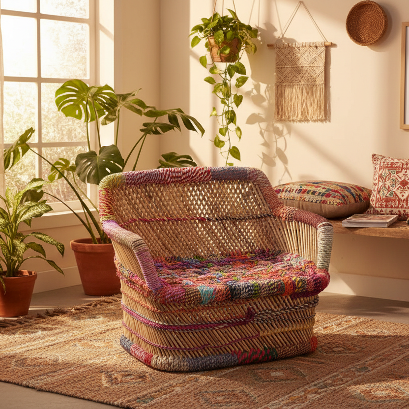 Woven chair with colorful cushions in a sunlit room with plants and decor.