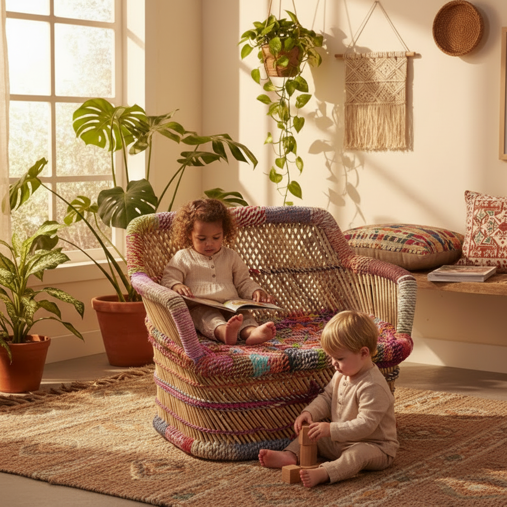 Two children sitting on a colorful wicker chair in a sunlit room with plants.