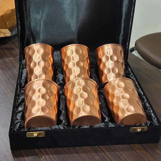 Hammered Copper Water Glass Set of 6 – 250ml Ayurvedic Drinking Tumblers