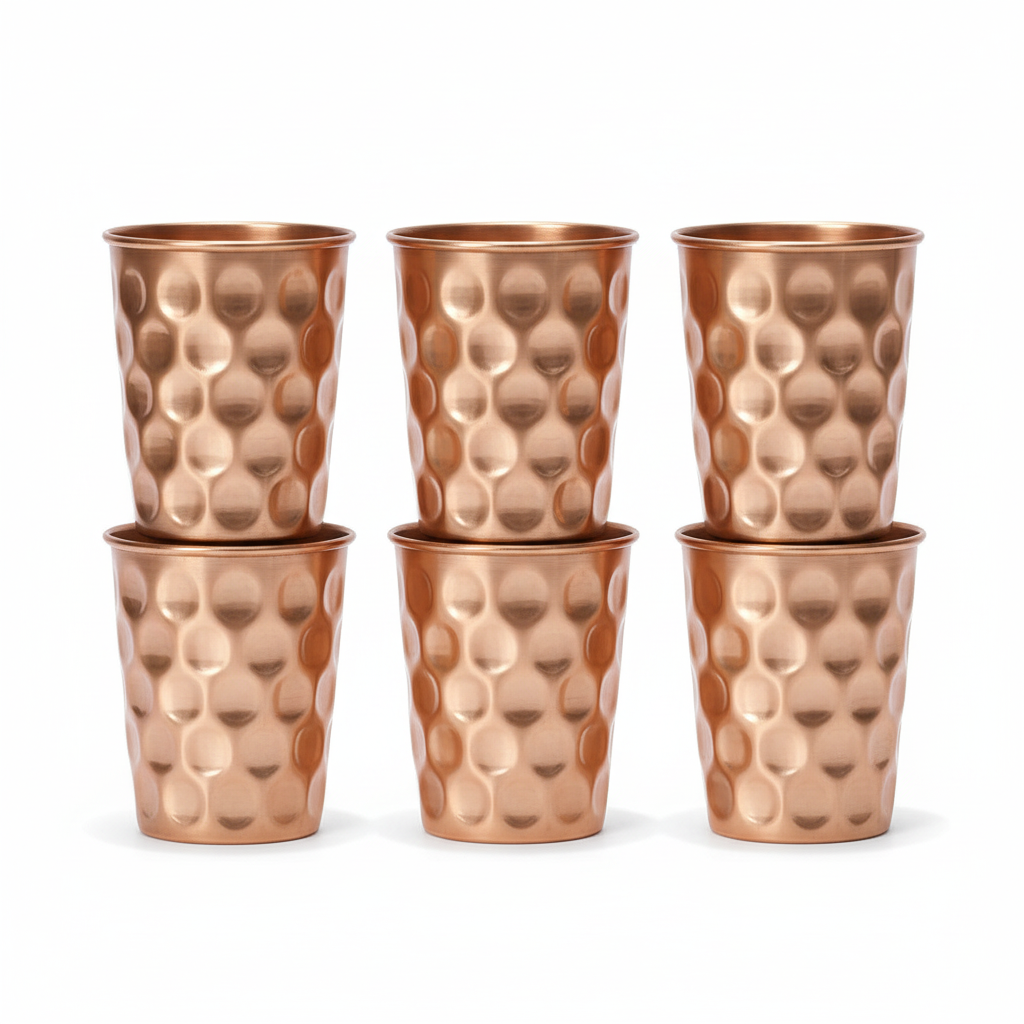 Hammered Copper Water Glass Set of 6 250ml Ayurvedic Tumblers