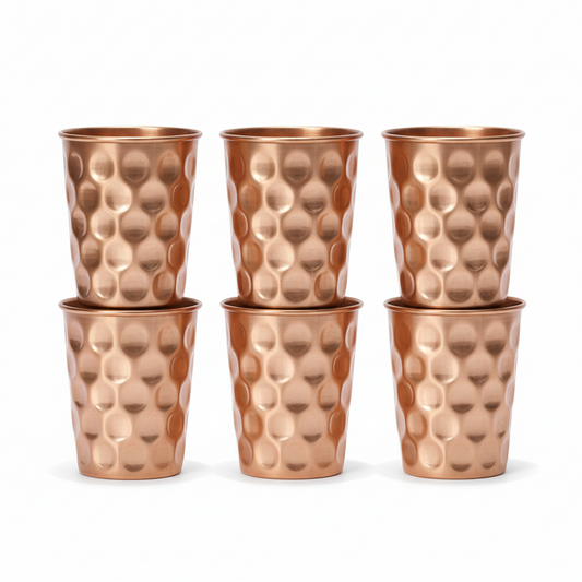 Hammered Copper Water Glass Set of 6 250ml Ayurvedic Tumblers