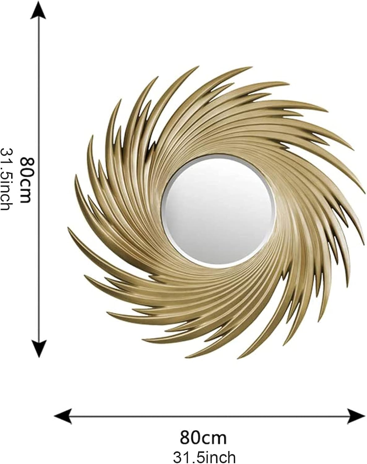 Decorative wall mirror with gold leaf design and dimensions on a white background