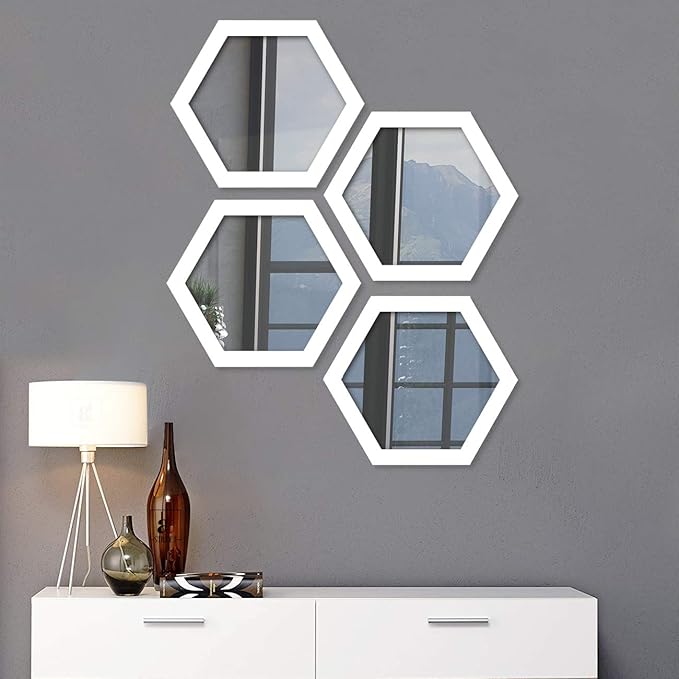 White Hexagonal Decorative Wall Mirror Set of Four - Brass Decors