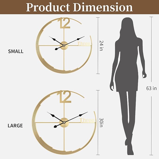 Gold wall clocks with dimensions shown relative to a silhouette of a person.