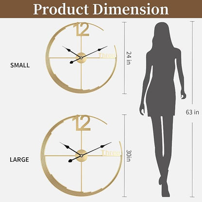Gold wall clocks with dimensions shown relative to a silhouette of a person.