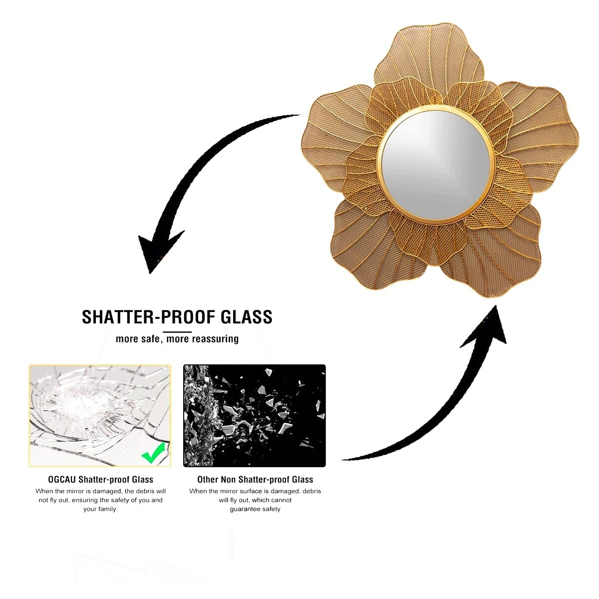 Decorative wall mirror with gold leaf design and shatter-proof glass feature on a white background.