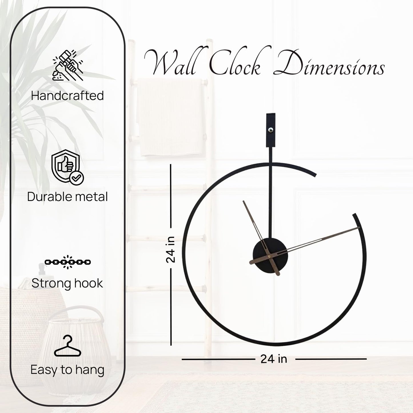Wall clock with dimensions and features on a white background