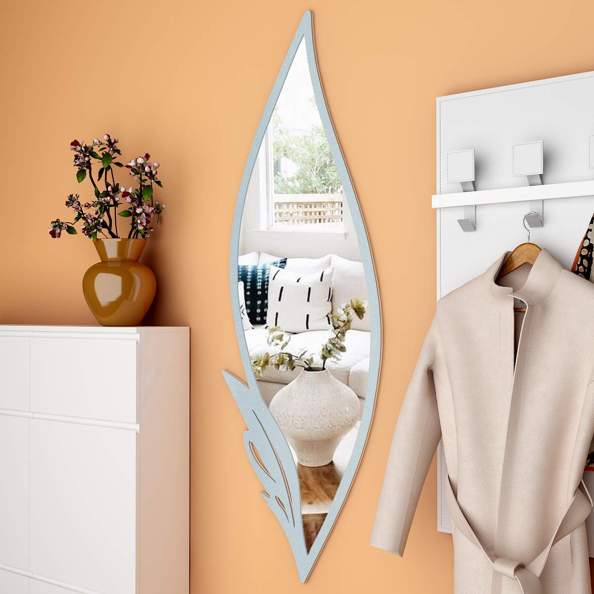 Slender Leaf Vanity Mirror with Metallic Silver Finish Frame - Brass Decors