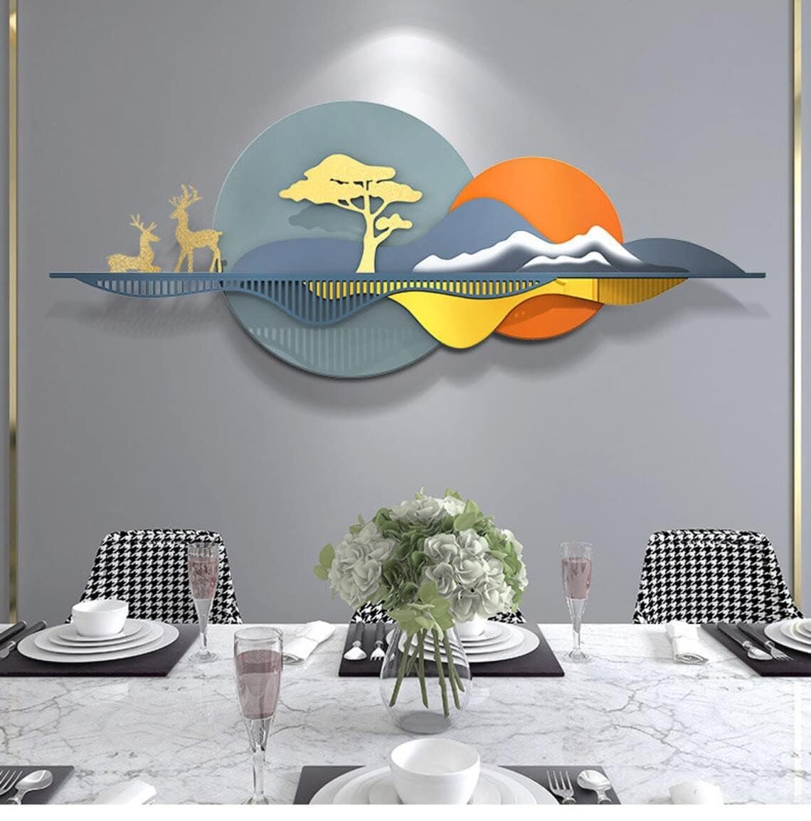 Dining room with a decorative wall piece featuring animals and nature elements.