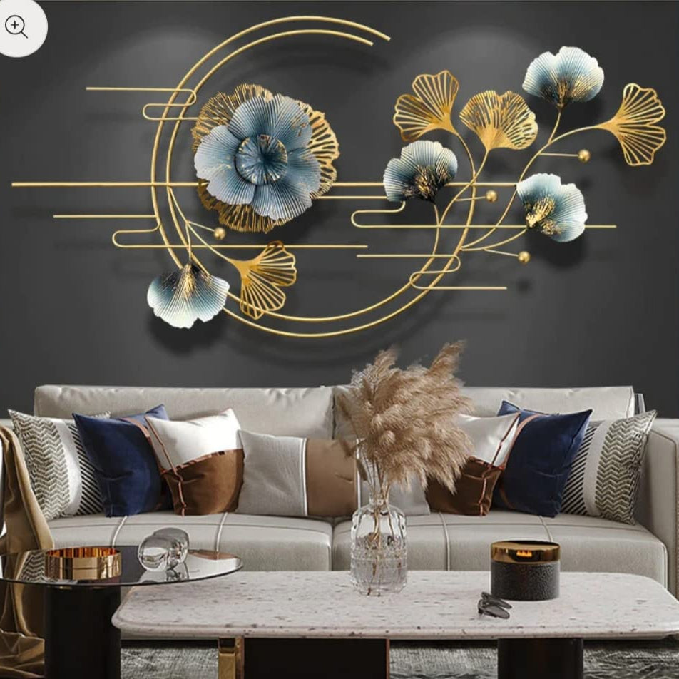 Decorative wall art with floral designs in a living room setting.