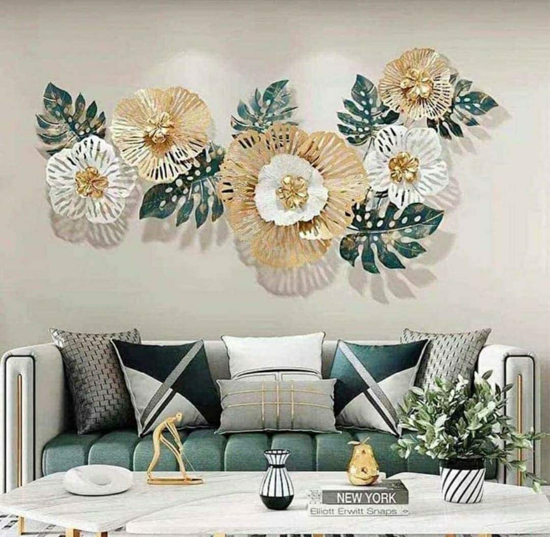 3D Metal Flower & Leaf Wall Art – Antique Iron Decor (52×24 Inch) - Brass Decors