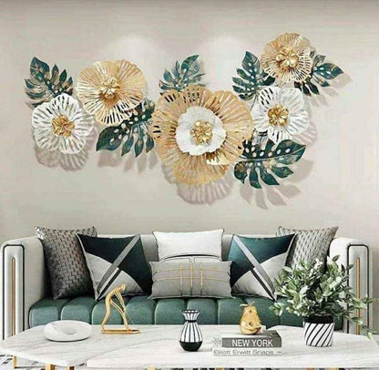3D Metal Flower & Leaf Wall Art – Antique Iron Decor (52×24 Inch) - Brass Decors