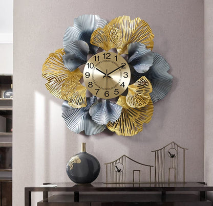 Creative Ginkgo Leaf Metal Wall Clock 26 Inch Vintage Decor - Brass Decors
