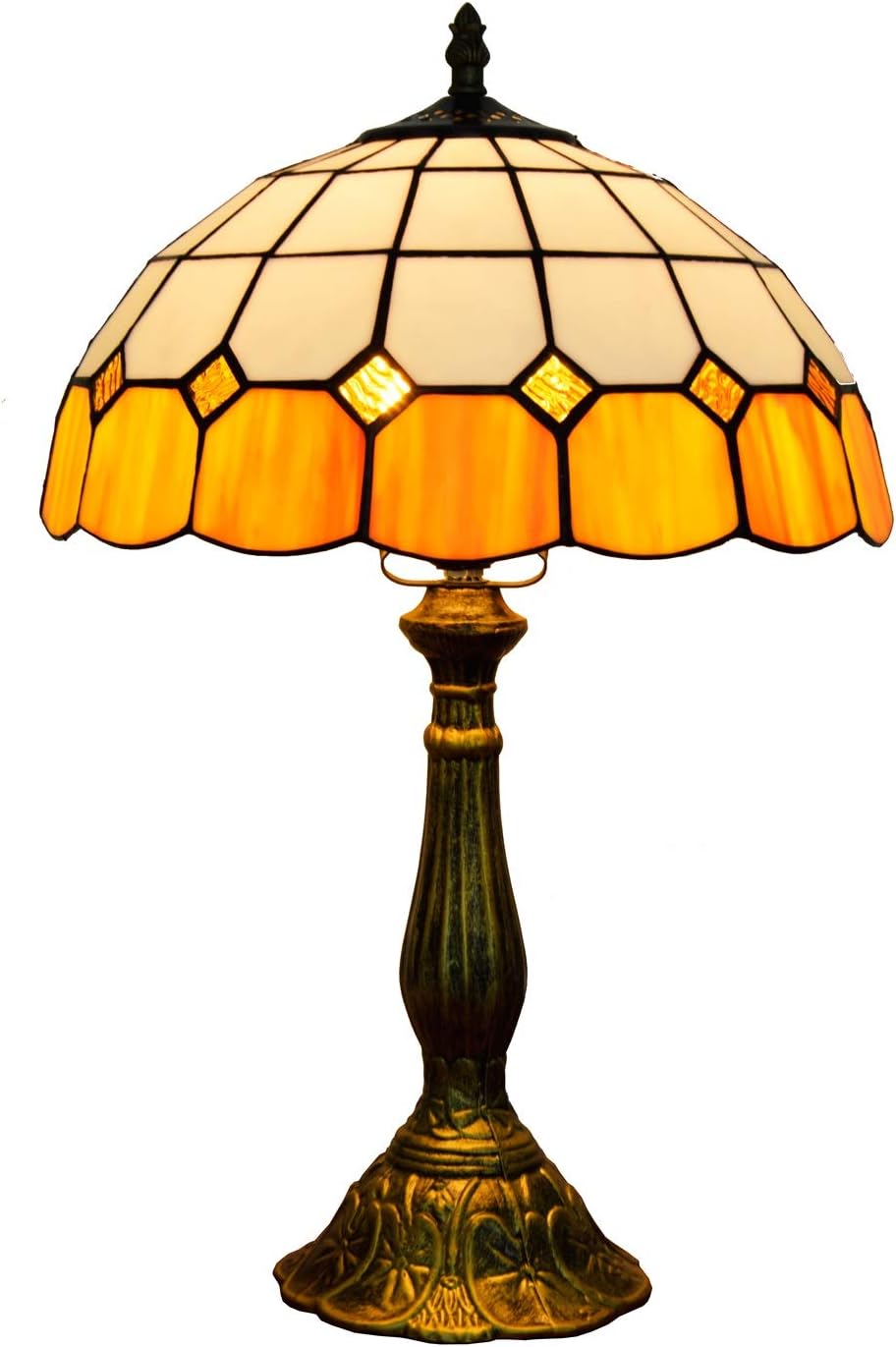 Vintage-style table lamp with stained glass shade on a white background