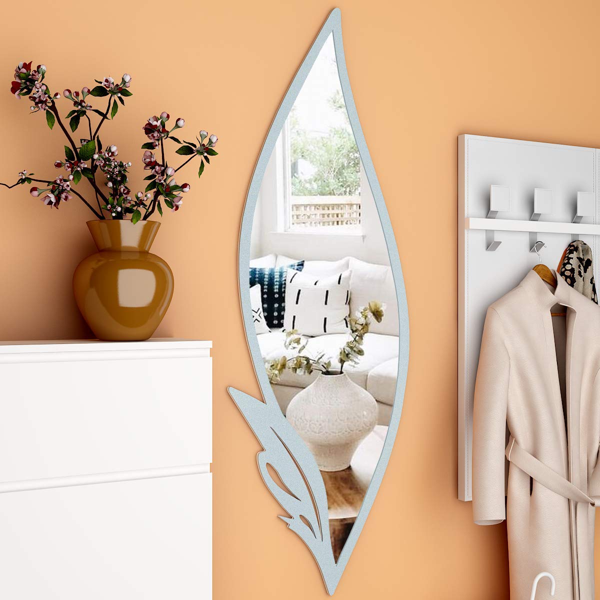 Slender Leaf Vanity Mirror with Metallic Silver Finish Frame - Brass Decors