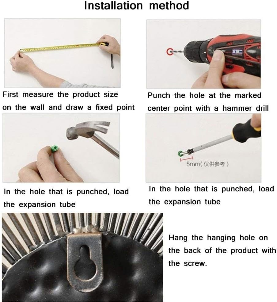 Step-by-step installation instructions for a product, including measuring, drilling, and screwing.