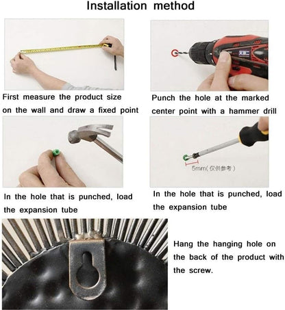 Step-by-step installation instructions for a product, including measuring, drilling, and screwing.