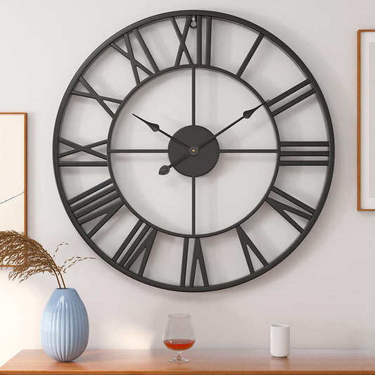 Large decorative wall clock with Roman numeral design on a wall with minimal decor.