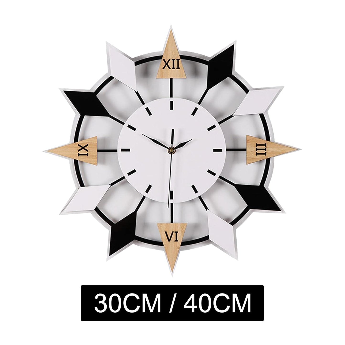 Decorative wall clock with geometric design on a white background