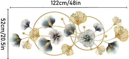 Decorative wall art with floral design and gold accents, shown with dimensions.