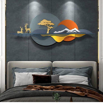 Decorative wall art above a bed with a dark gray wall background
